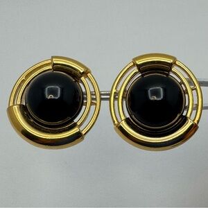 Monet Gold Tone Black Cabochon Pierced Earrings Vintage Statement